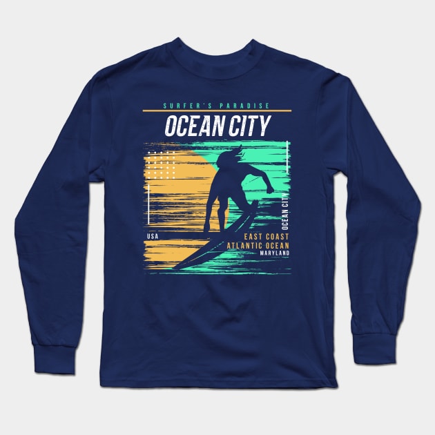 Retro Surfing Ocean City, Maryland // Vintage Surfer Beach // Surfer's Paradise Long Sleeve T-Shirt by Now Boarding